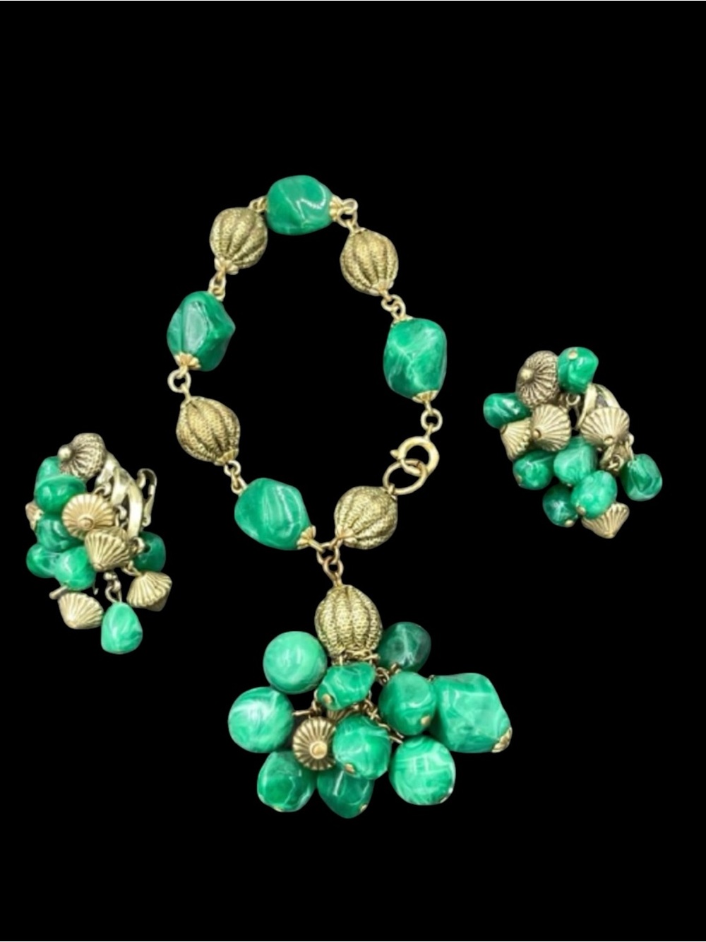 Vintage Trifari Green Lucite Dangling Charm Bracelet Earring Set